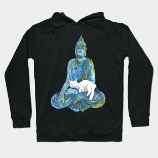 Blue Watercolor Buddha Statue with Sleeping White Cat Hoodie